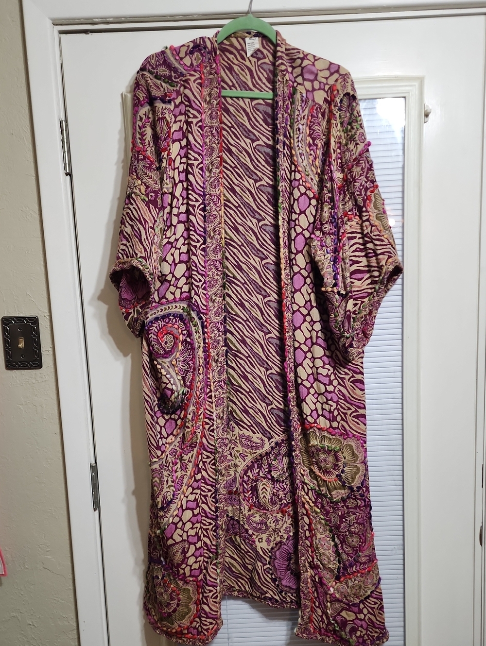 Raj Purple and Beige Patterned Open-Front Kimono Coat